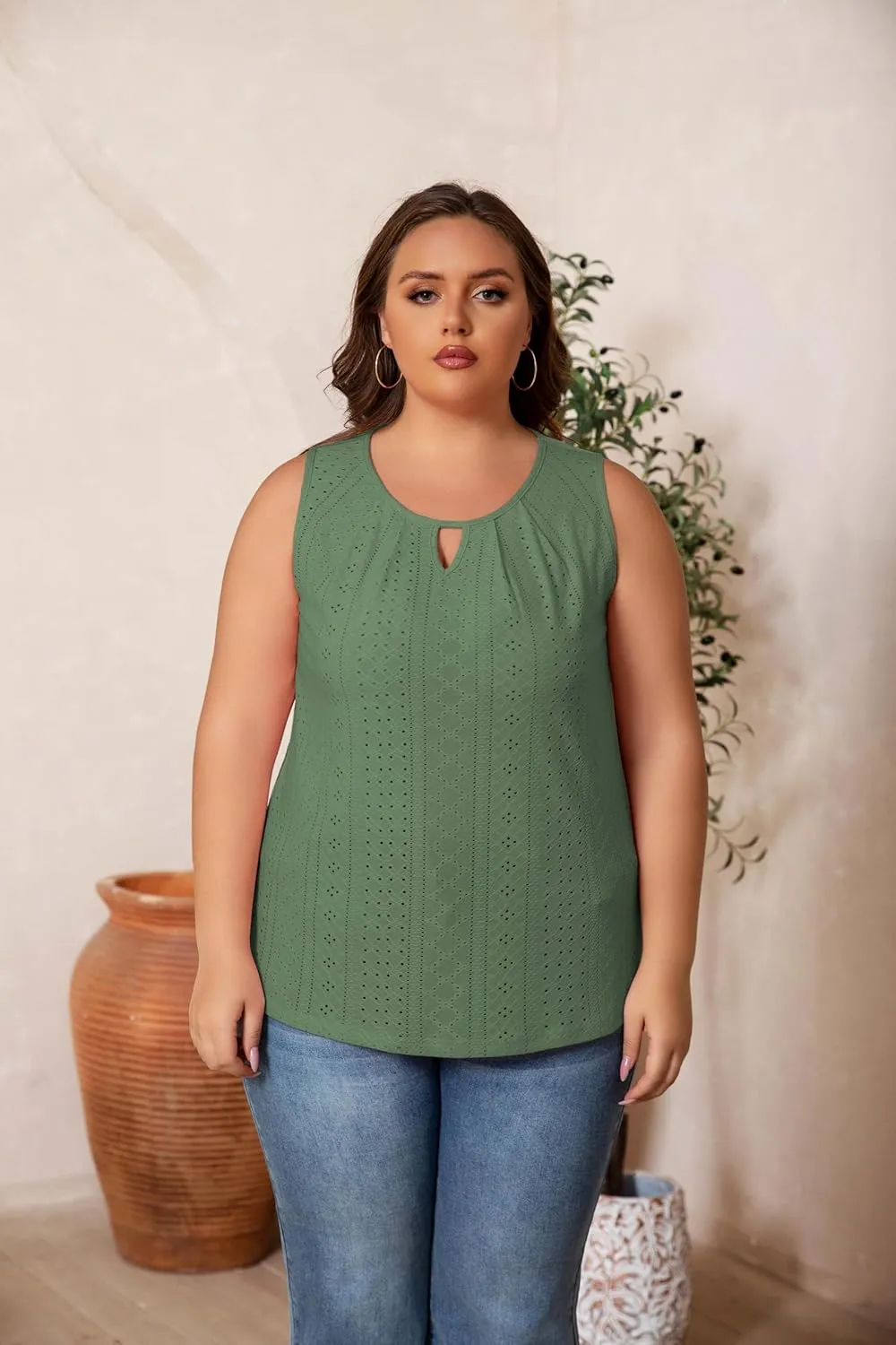 Plus Size Tank Tops for Women Eyelet Embroidery Loose Fit Casual Sleeveless T-Shirts Keyhole Neck Trendy Tops