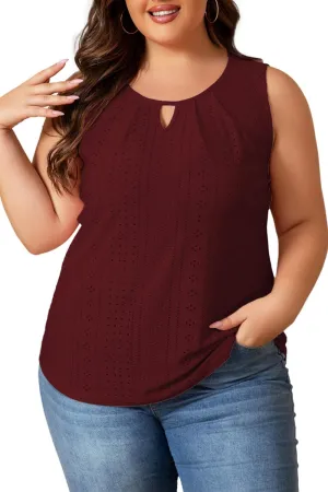 Plus Size Tank Tops for Women Eyelet Embroidery Loose Fit Casual Sleeveless T-Shirts Keyhole Neck Trendy Tops