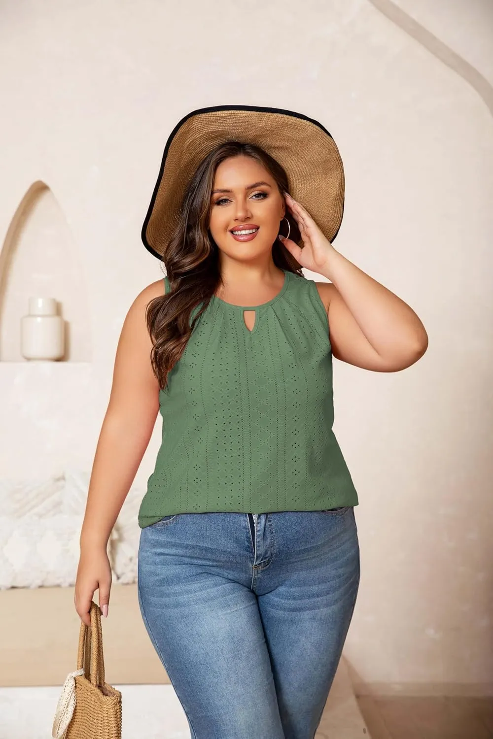 Plus Size Tank Tops for Women Eyelet Embroidery Loose Fit Casual Sleeveless T-Shirts Keyhole Neck Trendy Tops