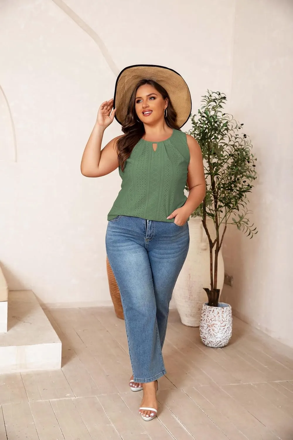 Plus Size Tank Tops for Women Eyelet Embroidery Loose Fit Casual Sleeveless T-Shirts Keyhole Neck Trendy Tops