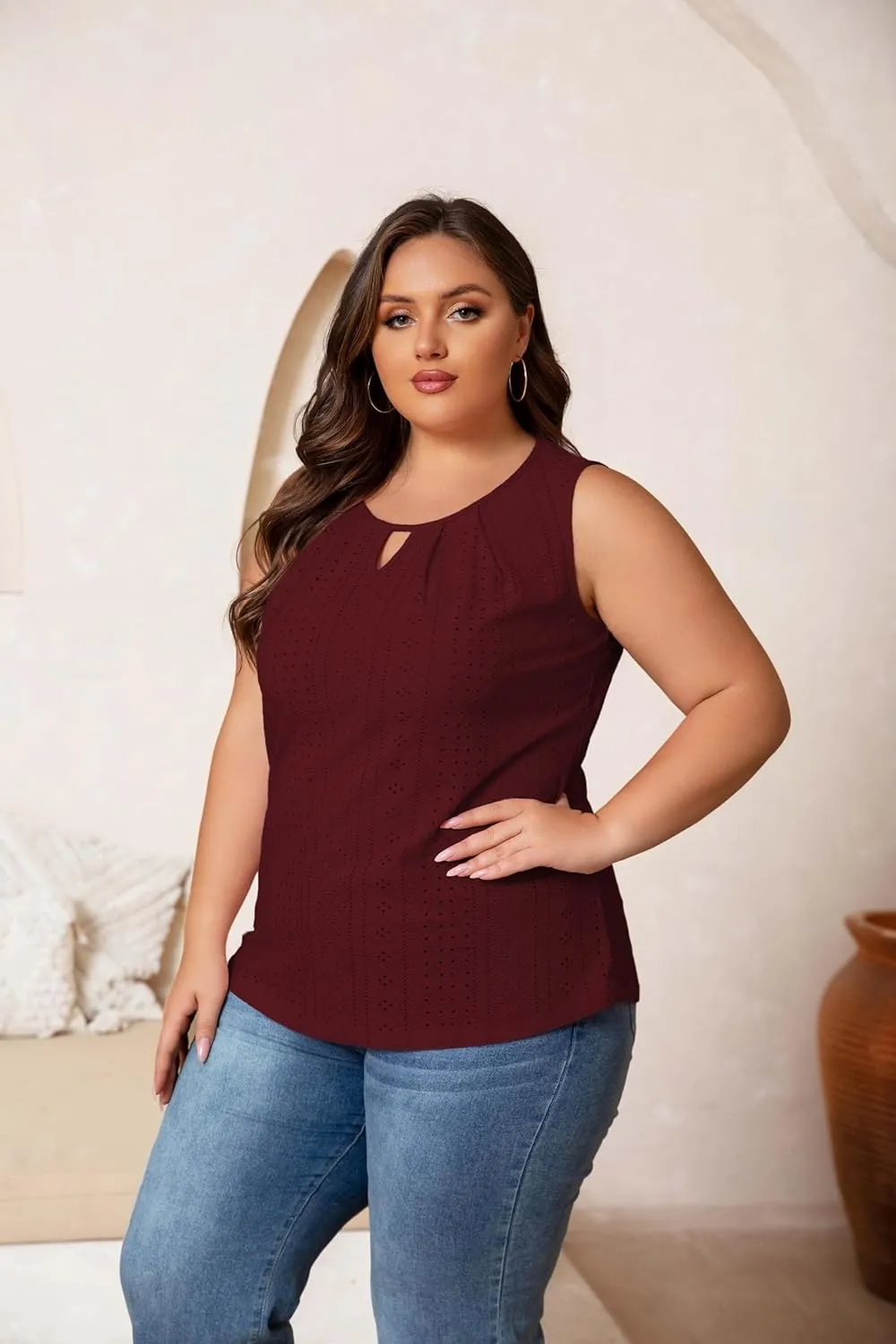 Plus Size Tank Tops for Women Eyelet Embroidery Loose Fit Casual Sleeveless T-Shirts Keyhole Neck Trendy Tops