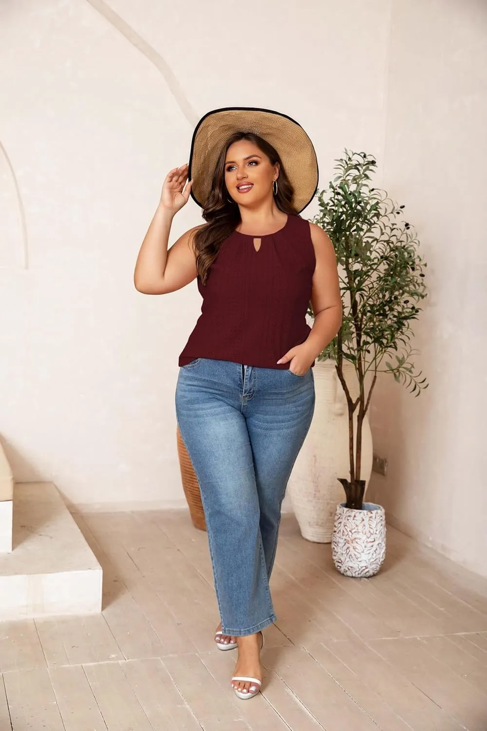 Plus Size Tank Tops for Women Eyelet Embroidery Loose Fit Casual Sleeveless T-Shirts Keyhole Neck Trendy Tops