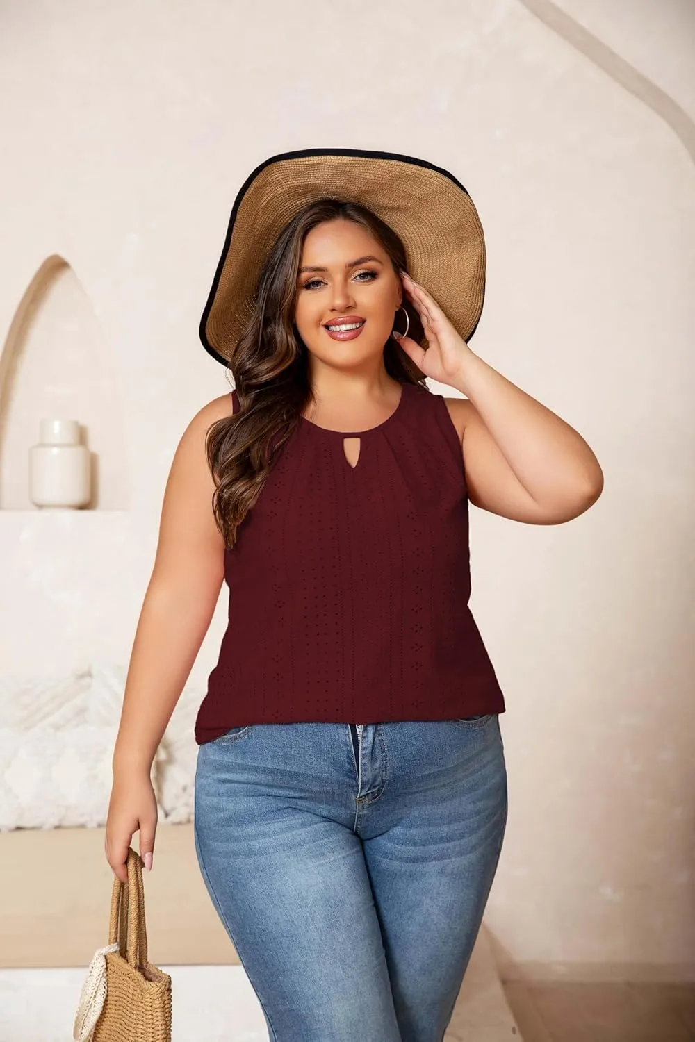 Plus Size Tank Tops for Women Eyelet Embroidery Loose Fit Casual Sleeveless T-Shirts Keyhole Neck Trendy Tops