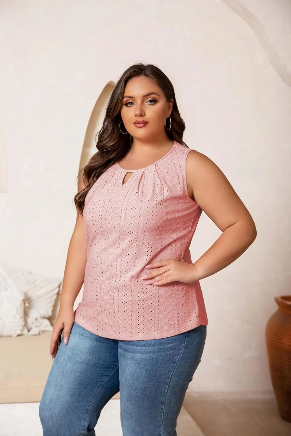 Plus Size Tank Tops for Women Eyelet Embroidery Loose Fit Casual Sleeveless T-Shirts Keyhole Neck Trendy Tops