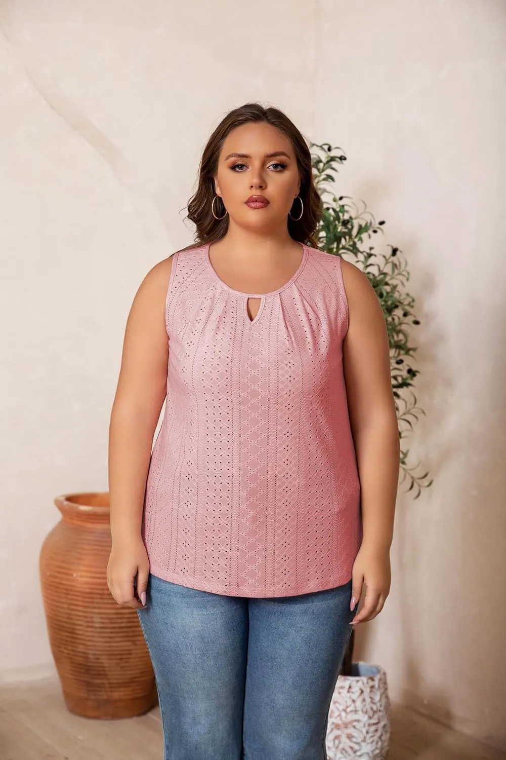 Plus Size Tank Tops for Women Eyelet Embroidery Loose Fit Casual Sleeveless T-Shirts Keyhole Neck Trendy Tops