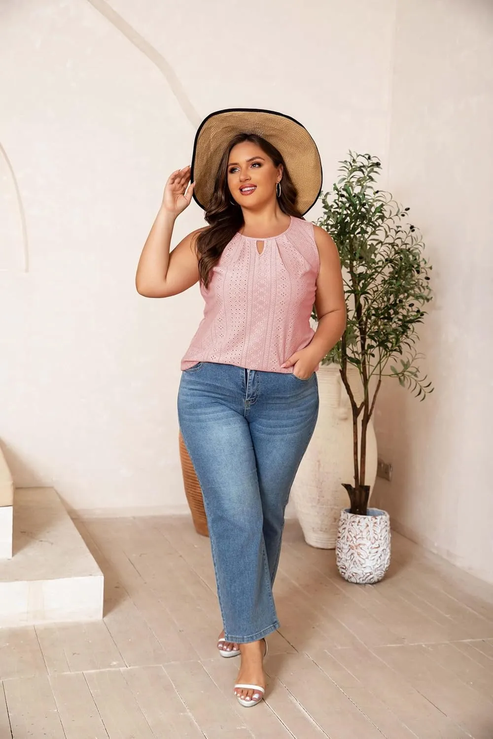 Plus Size Tank Tops for Women Eyelet Embroidery Loose Fit Casual Sleeveless T-Shirts Keyhole Neck Trendy Tops