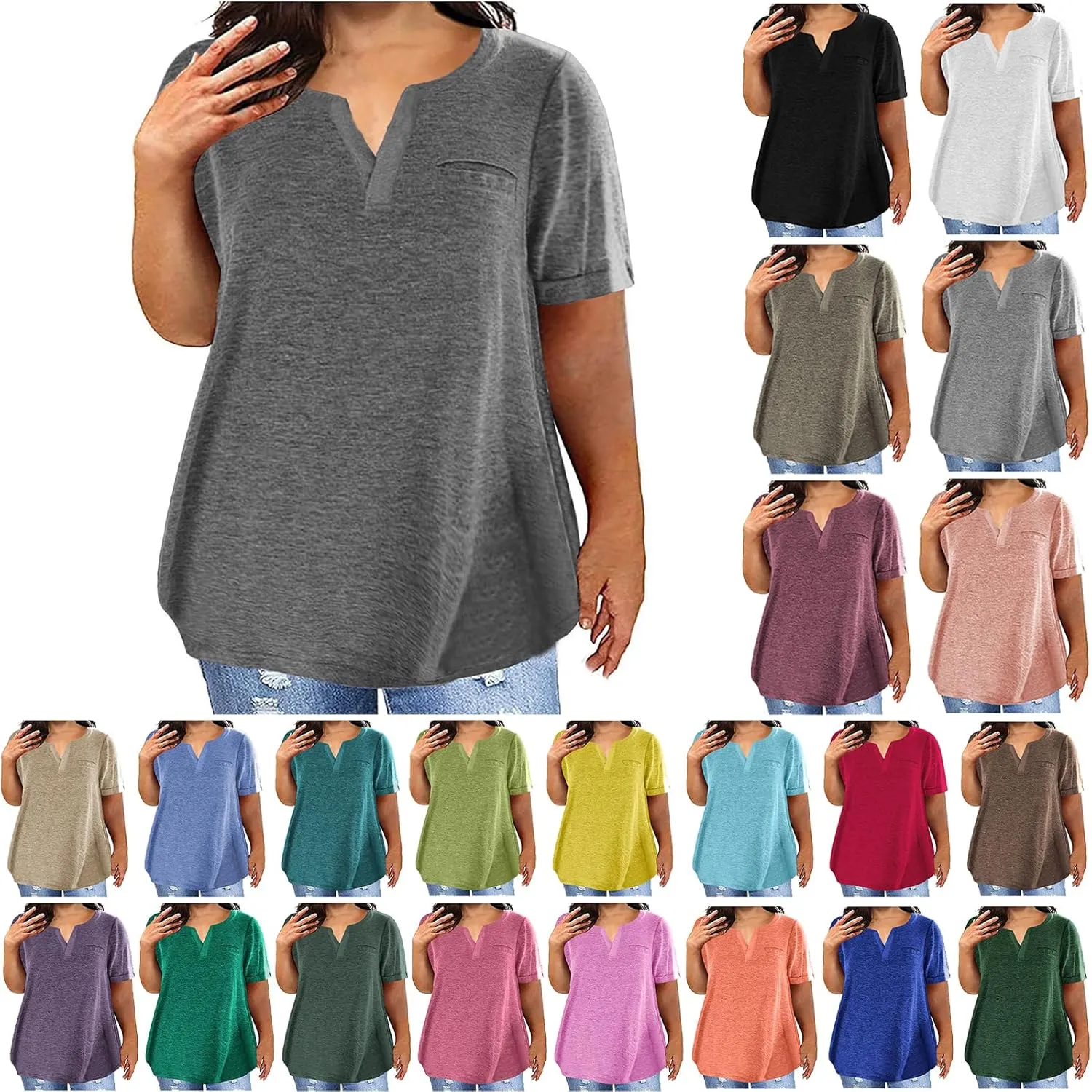 Plus Size Tops for Women Dressy Blouse Notch V Neck Oversized T Shirts Summer Casual Short Sleeve Tshirt with Pockets