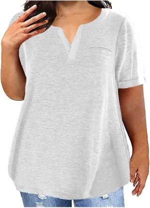 Plus Size Tops for Women Dressy Blouse Notch V Neck Oversized T Shirts Summer Casual Short Sleeve Tshirt with Pockets