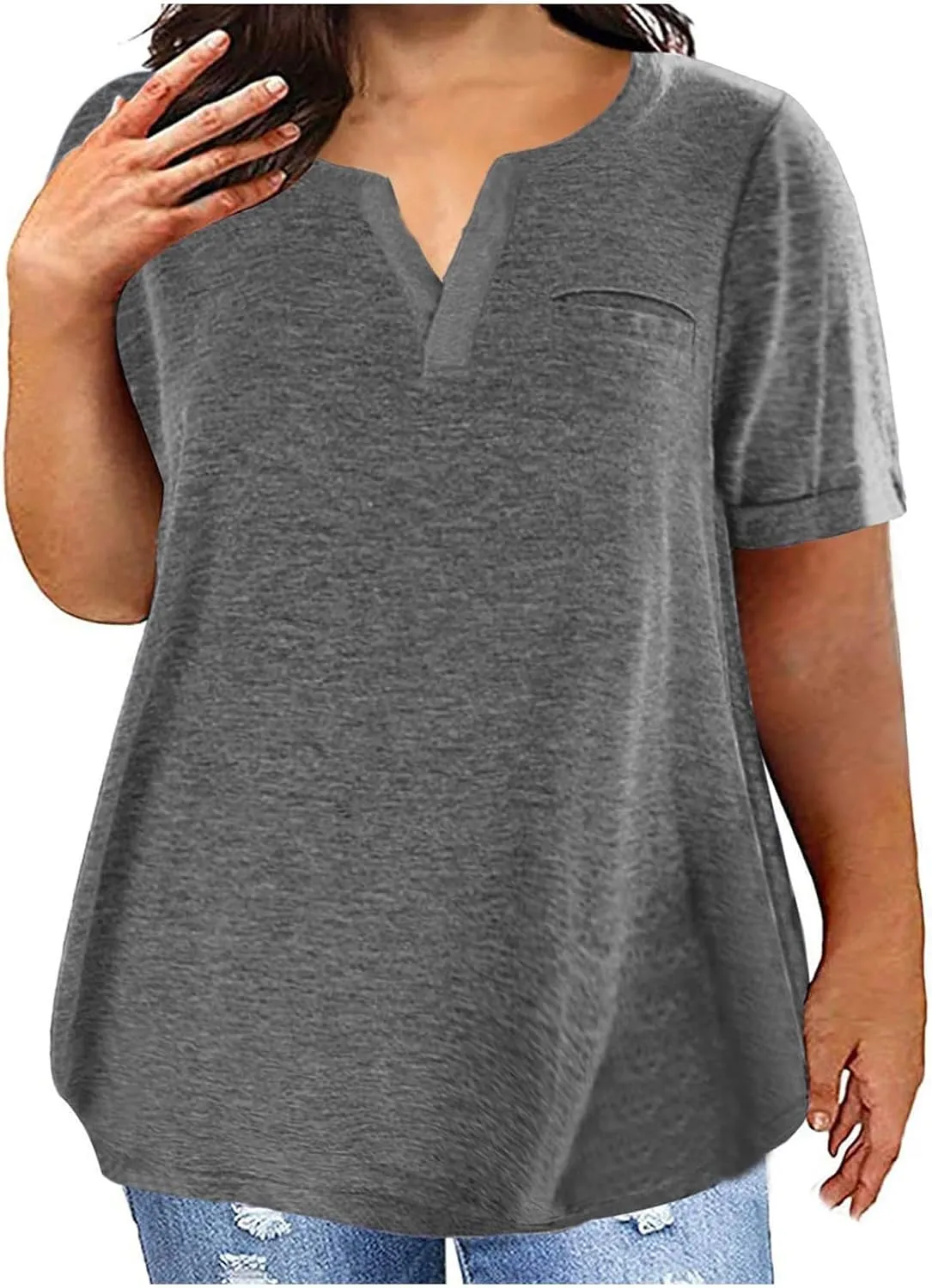 Plus Size Tops for Women Dressy Blouse Notch V Neck Oversized T Shirts Summer Casual Short Sleeve Tshirt with Pockets