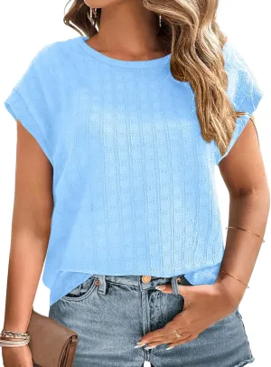 Plus Size Tops for Women Trendy Summer Casual Cap Short Sleeve Basic Textured Solid Color Round Neck T Shirts Blouse 1XL-5XL