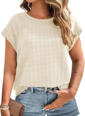 Plus Size Tops for Women Trendy Summer Casual Cap Short Sleeve Basic Textured Solid Color Round Neck T Shirts Blouse 1XL-5XL