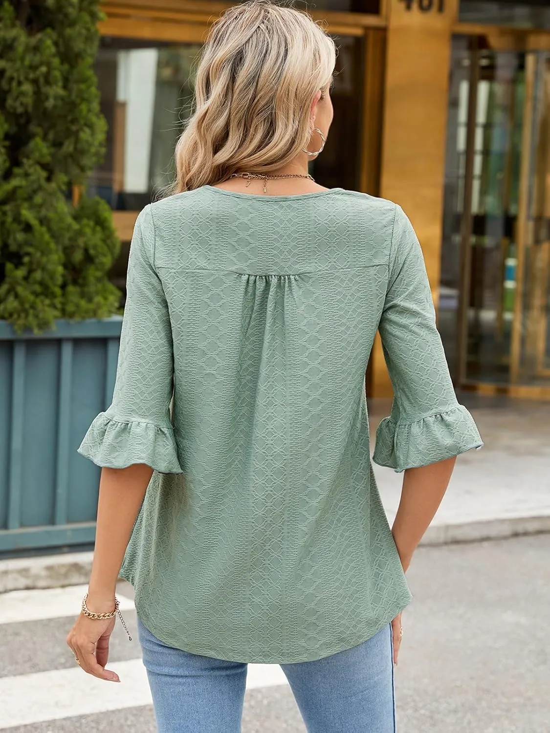 Poetsky Women's Casual 3/4 Sleeve Eyelet Tops Dressy Square Neck T Shirts Loose Fit Ruffle Tunic Blouses