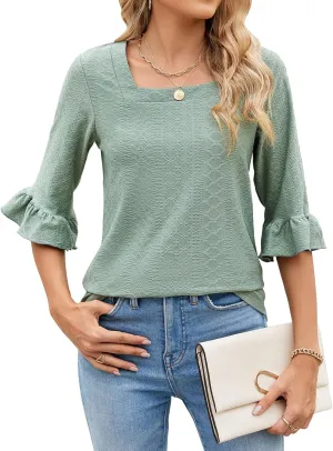 Poetsky Women's Casual 3/4 Sleeve Eyelet Tops Dressy Square Neck T Shirts Loose Fit Ruffle Tunic Blouses