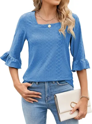 Poetsky Women's Casual 3/4 Sleeve Eyelet Tops Dressy Square Neck T Shirts Loose Fit Ruffle Tunic Blouses