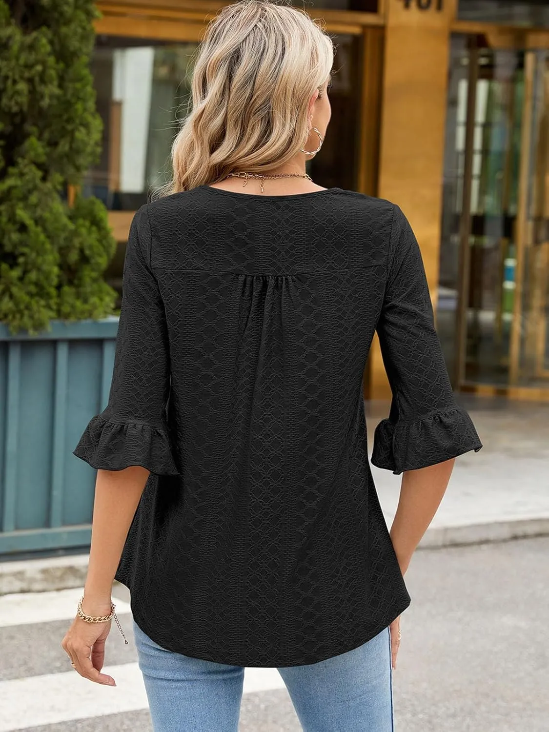 Poetsky Women's Casual 3/4 Sleeve Eyelet Tops Dressy Square Neck T Shirts Loose Fit Ruffle Tunic Blouses