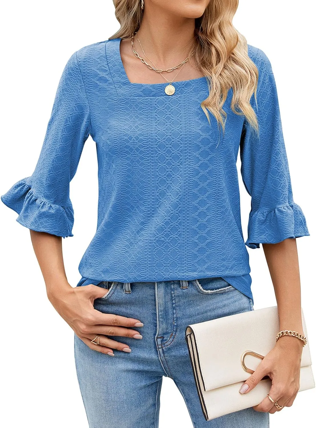 Poetsky Women's Casual 3/4 Sleeve Eyelet Tops Dressy Square Neck T Shirts Loose Fit Ruffle Tunic Blouses