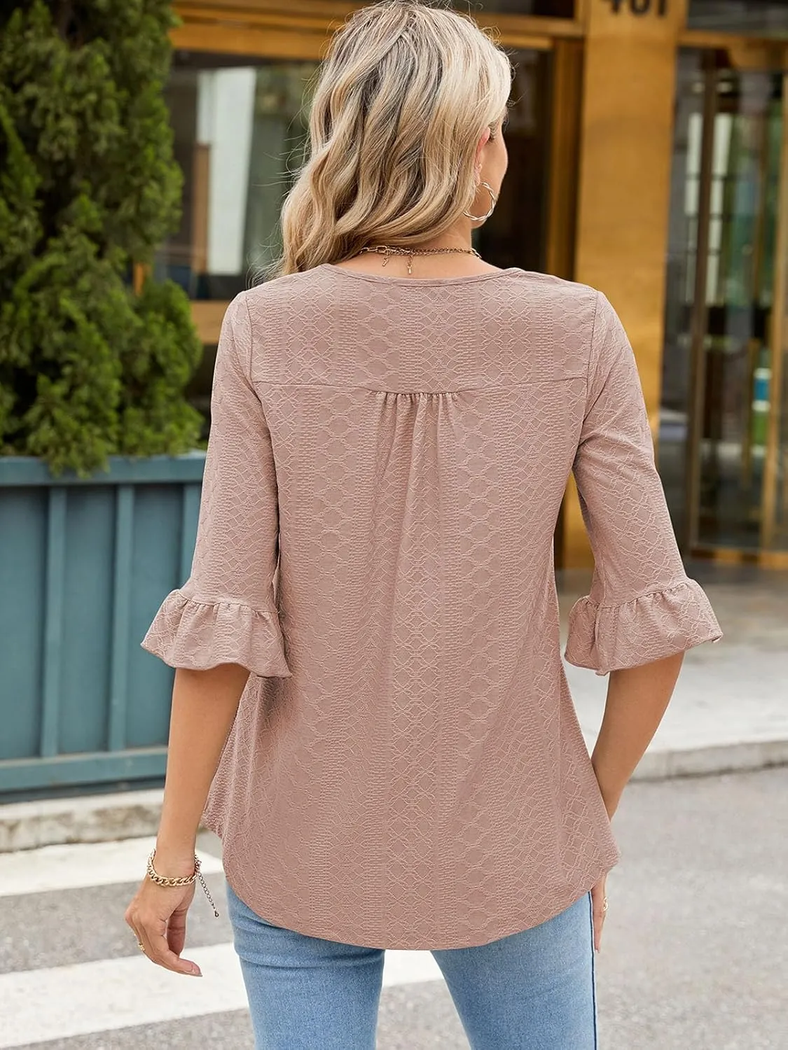 Poetsky Women's Casual 3/4 Sleeve Eyelet Tops Dressy Square Neck T Shirts Loose Fit Ruffle Tunic Blouses