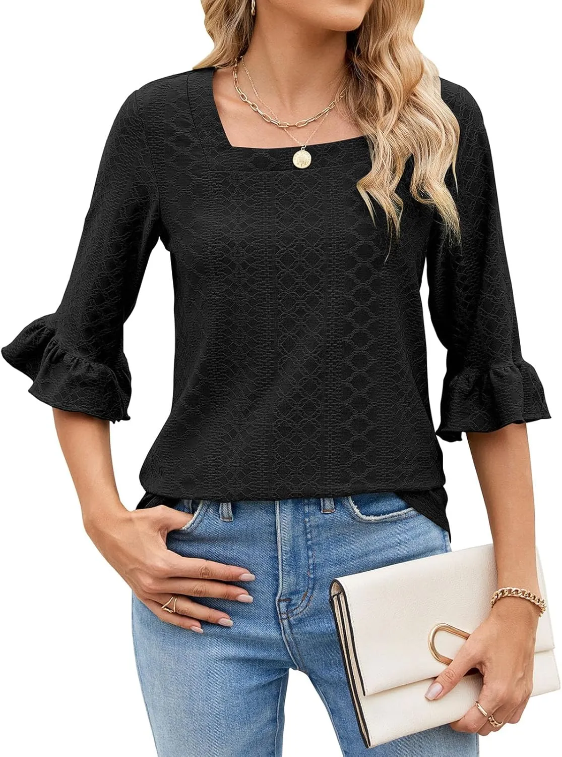 Poetsky Women's Casual 3/4 Sleeve Eyelet Tops Dressy Square Neck T Shirts Loose Fit Ruffle Tunic Blouses