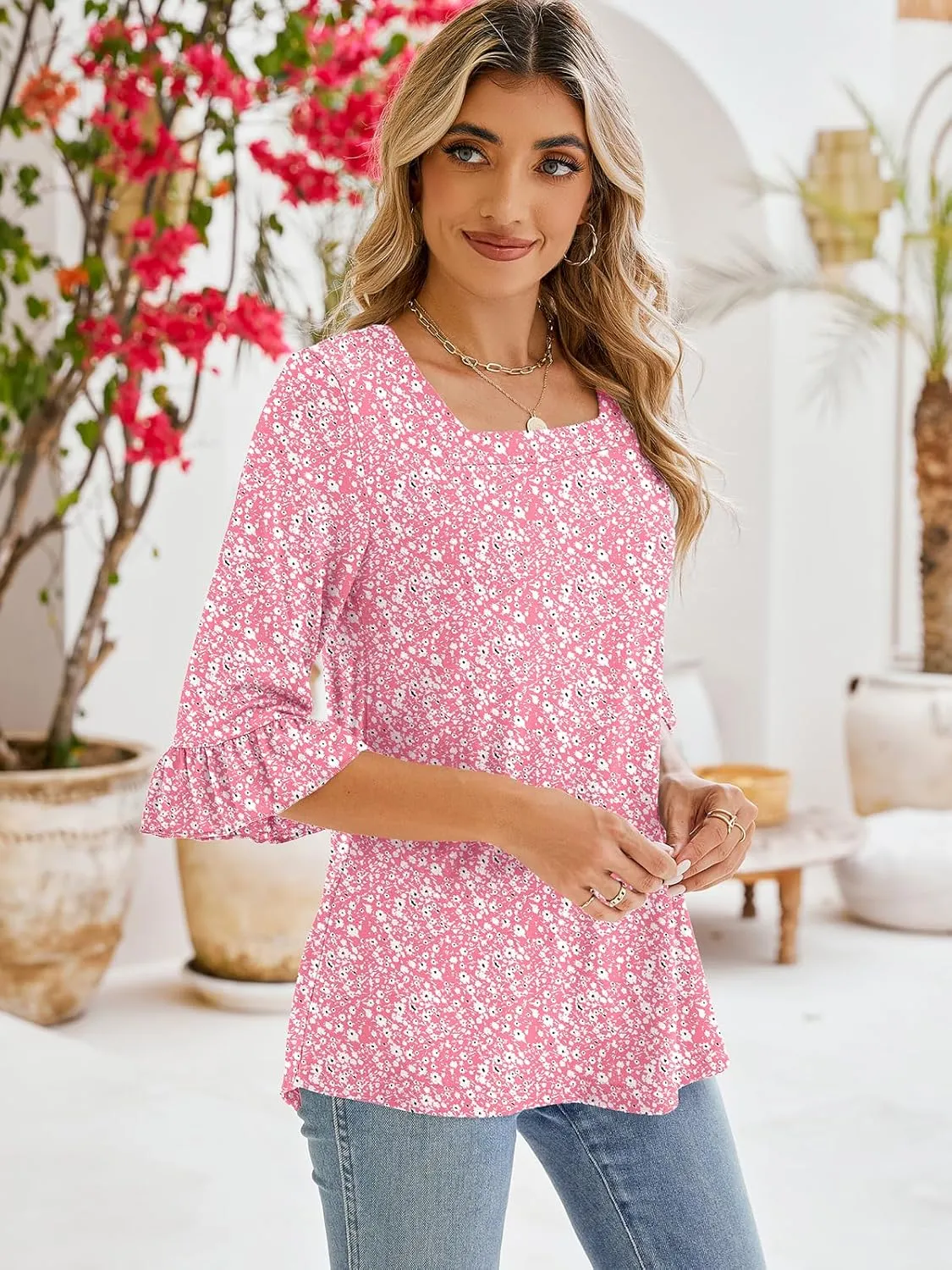 Poetsky Women's Casual 3/4 Sleeve Tops Summer Square Neck T Shirts Ruffle Loose Fit Tunic Blouses