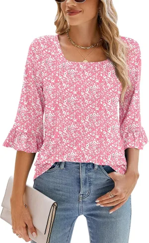 Poetsky Women's Casual 3/4 Sleeve Tops Summer Square Neck T Shirts Ruffle Loose Fit Tunic Blouses