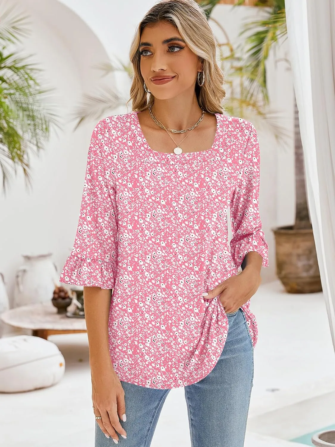 Poetsky Women's Casual 3/4 Sleeve Tops Summer Square Neck T Shirts Ruffle Loose Fit Tunic Blouses