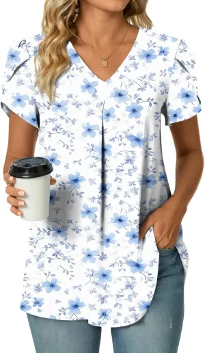 POPYOUNG Women's Summer Dressy Chiffon Blouses Short Sleeve V Neck Tunic Tops for Leggings Casual T-Shirts