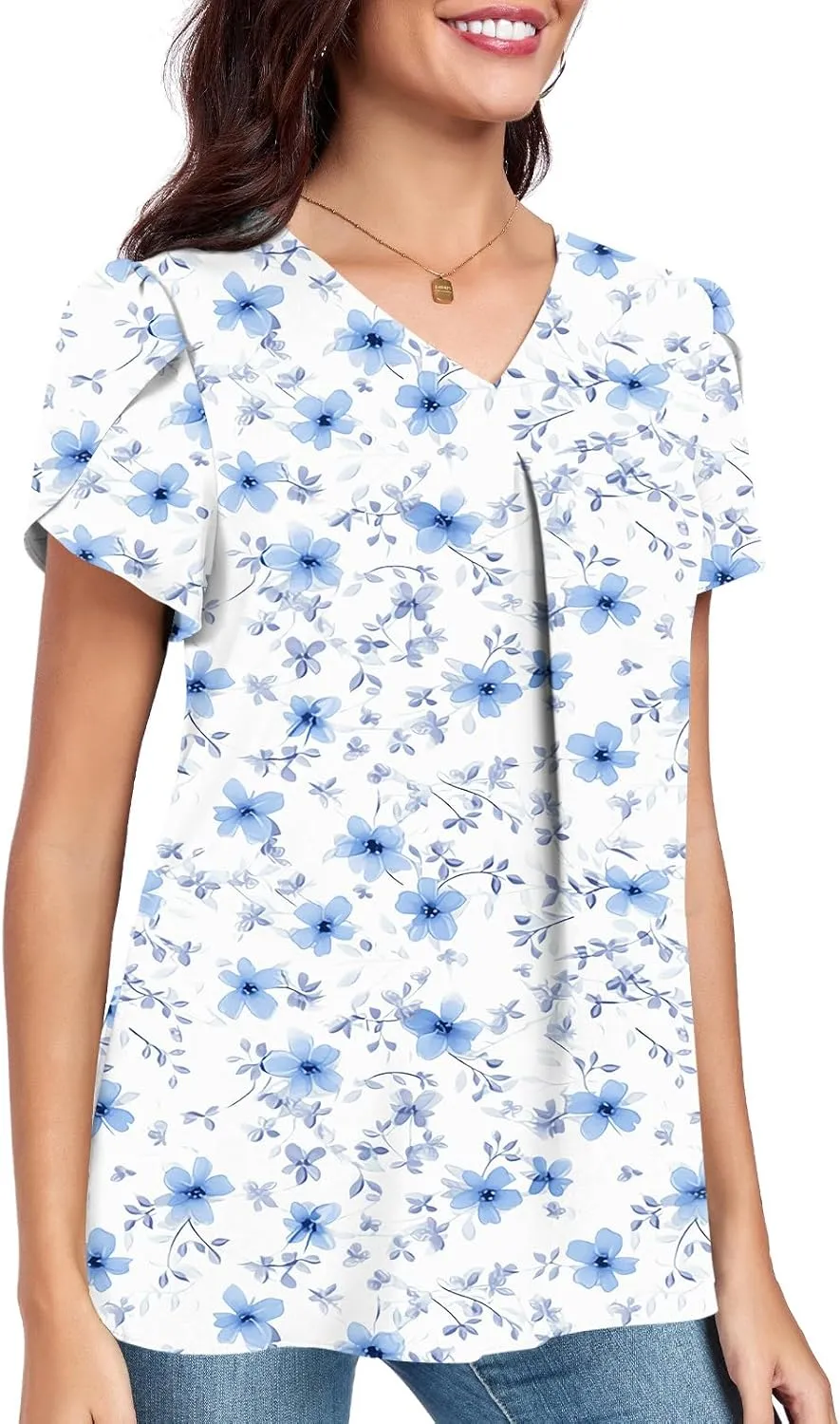 POPYOUNG Women's Summer Dressy Chiffon Blouses Short Sleeve V Neck Tunic Tops for Leggings Casual T-Shirts