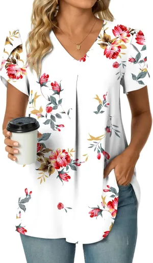 POPYOUNG Women's Summer Dressy Chiffon Blouses Short Sleeve V Neck Tunic Tops for Leggings Casual T-Shirts