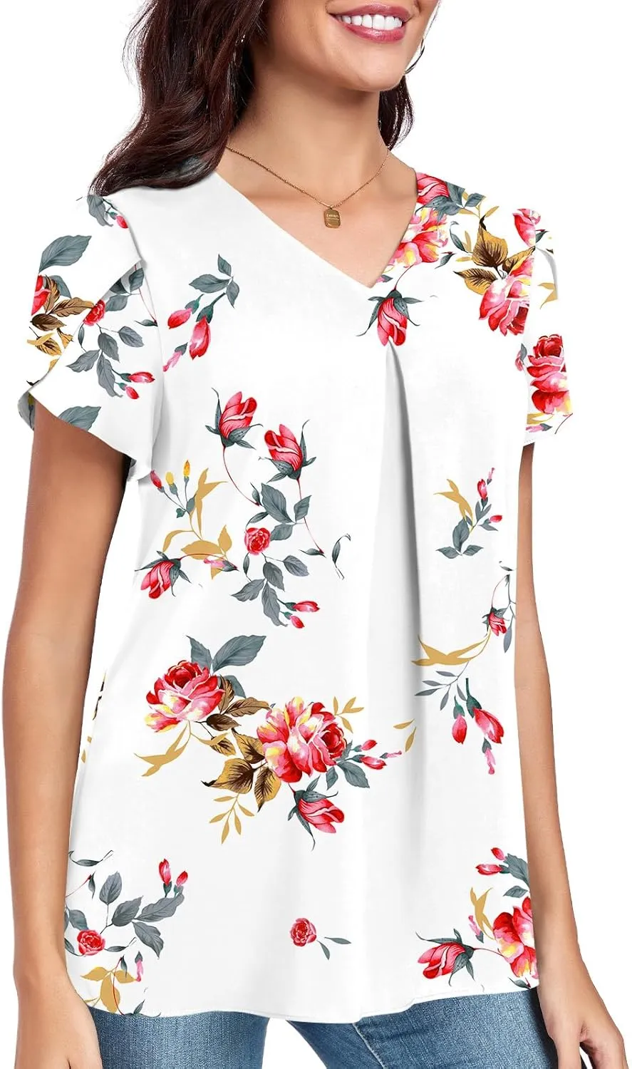 POPYOUNG Women's Summer Dressy Chiffon Blouses Short Sleeve V Neck Tunic Tops for Leggings Casual T-Shirts