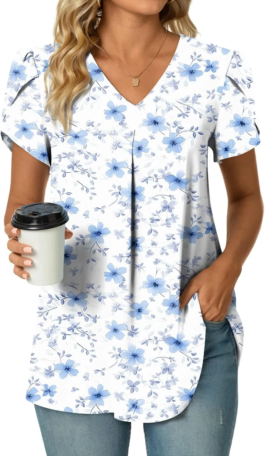 POPYOUNG Women's Summer Dressy Chiffon Blouses Short Sleeve V Neck Tunic Tops for Leggings Casual T-Shirts