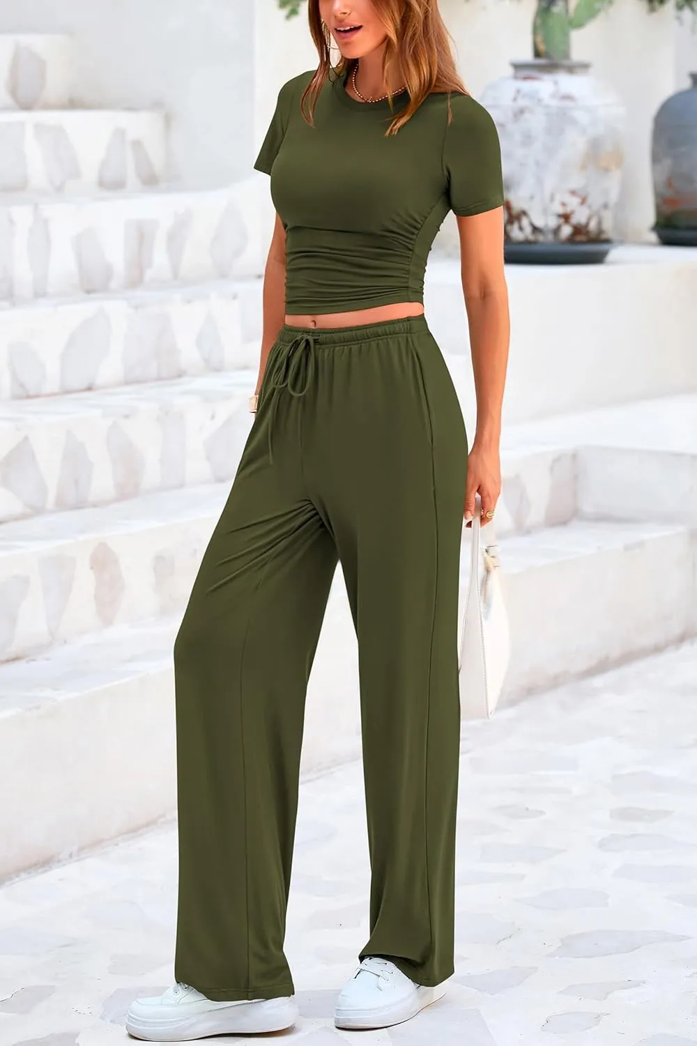 PRETTYGARDEN Women's 2 Piece Outfits Summer Tracksuit Lounge Sets Short Sleeve Crop Tops T Shirts High Waisted Wide Leg Pants