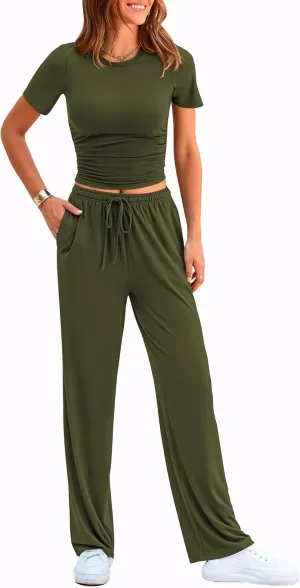 PRETTYGARDEN Women's 2 Piece Outfits Summer Tracksuit Lounge Sets Short Sleeve Crop Tops T Shirts High Waisted Wide Leg Pants