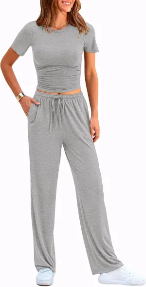 PRETTYGARDEN Women's 2 Piece Outfits Summer Tracksuit Lounge Sets Short Sleeve Crop Tops T Shirts High Waisted Wide Leg Pants