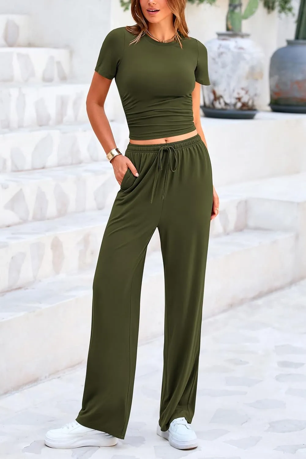 PRETTYGARDEN Women's 2 Piece Outfits Summer Tracksuit Lounge Sets Short Sleeve Crop Tops T Shirts High Waisted Wide Leg Pants