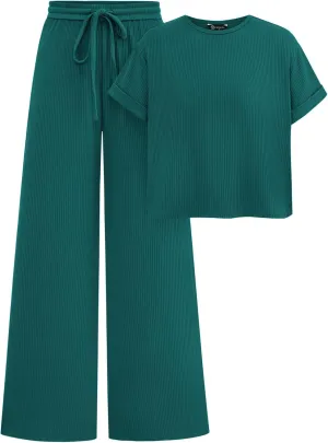 PRETTYGARDEN Women's Summer 2 Piece Knit Loungewear Short Sleeve T Shirts Wide Leg Pants Tracksuit Casual Outfits