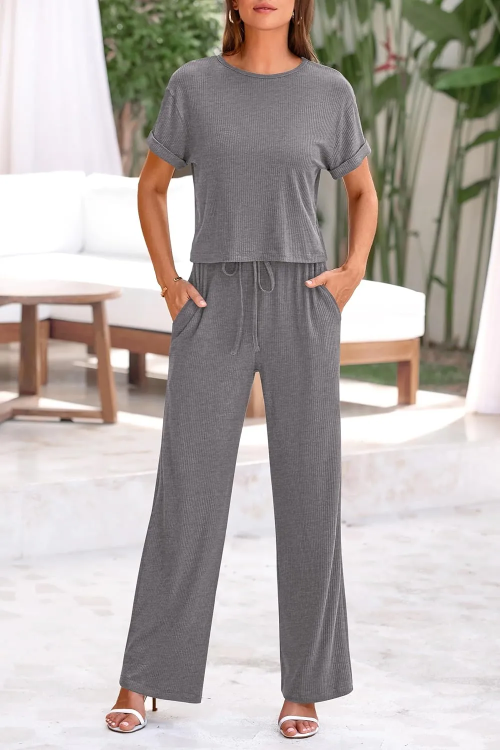 PRETTYGARDEN Women's Summer 2 Piece Knit Loungewear Short Sleeve T Shirts Wide Leg Pants Tracksuit Casual Outfits