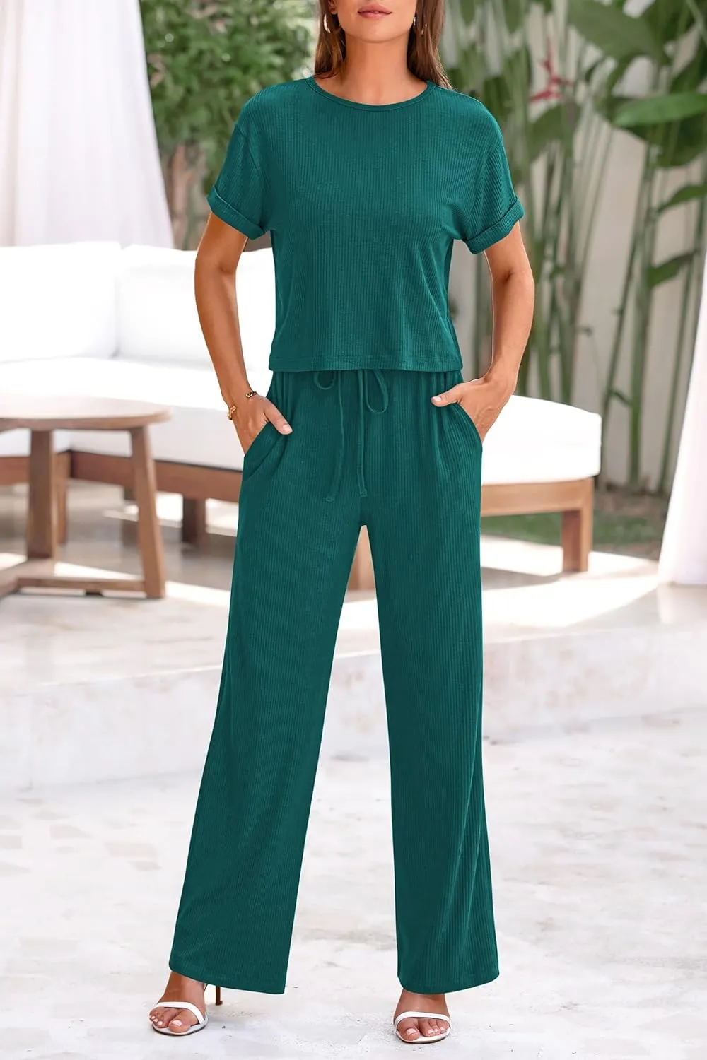 PRETTYGARDEN Women's Summer 2 Piece Knit Loungewear Short Sleeve T Shirts Wide Leg Pants Tracksuit Casual Outfits