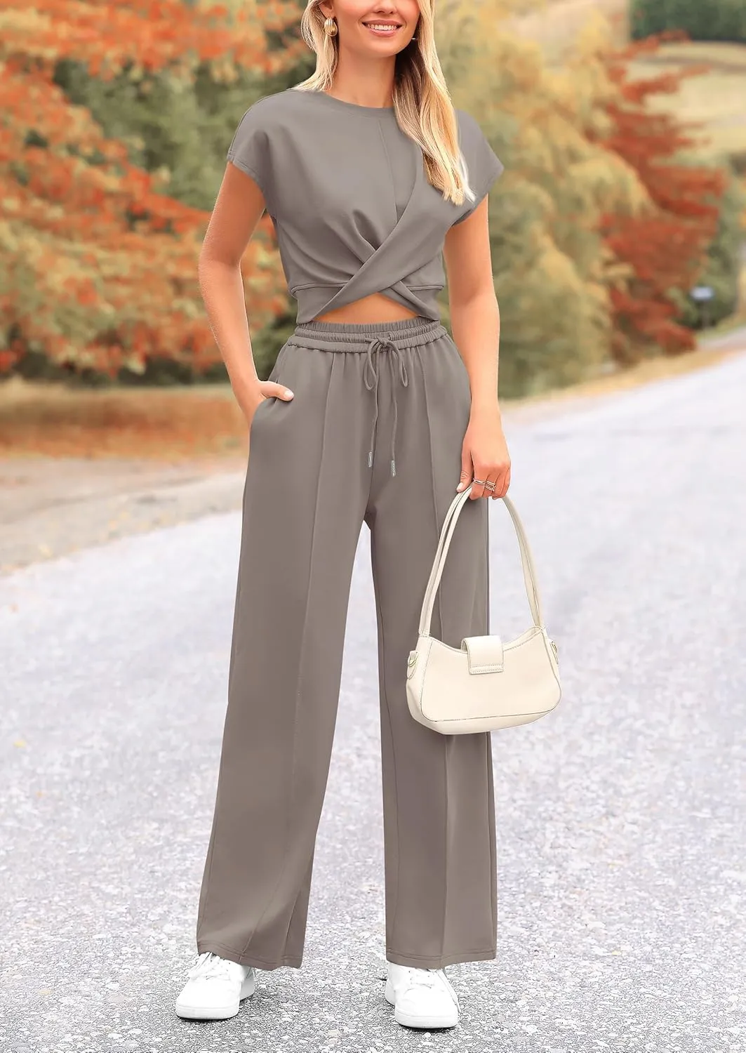 PRETTYGARDEN Women's Summer Two Piece Outfits Tracksuit Twist Front Crop Tops T Shirts Wide Leg Pants Matching Lounge Sets