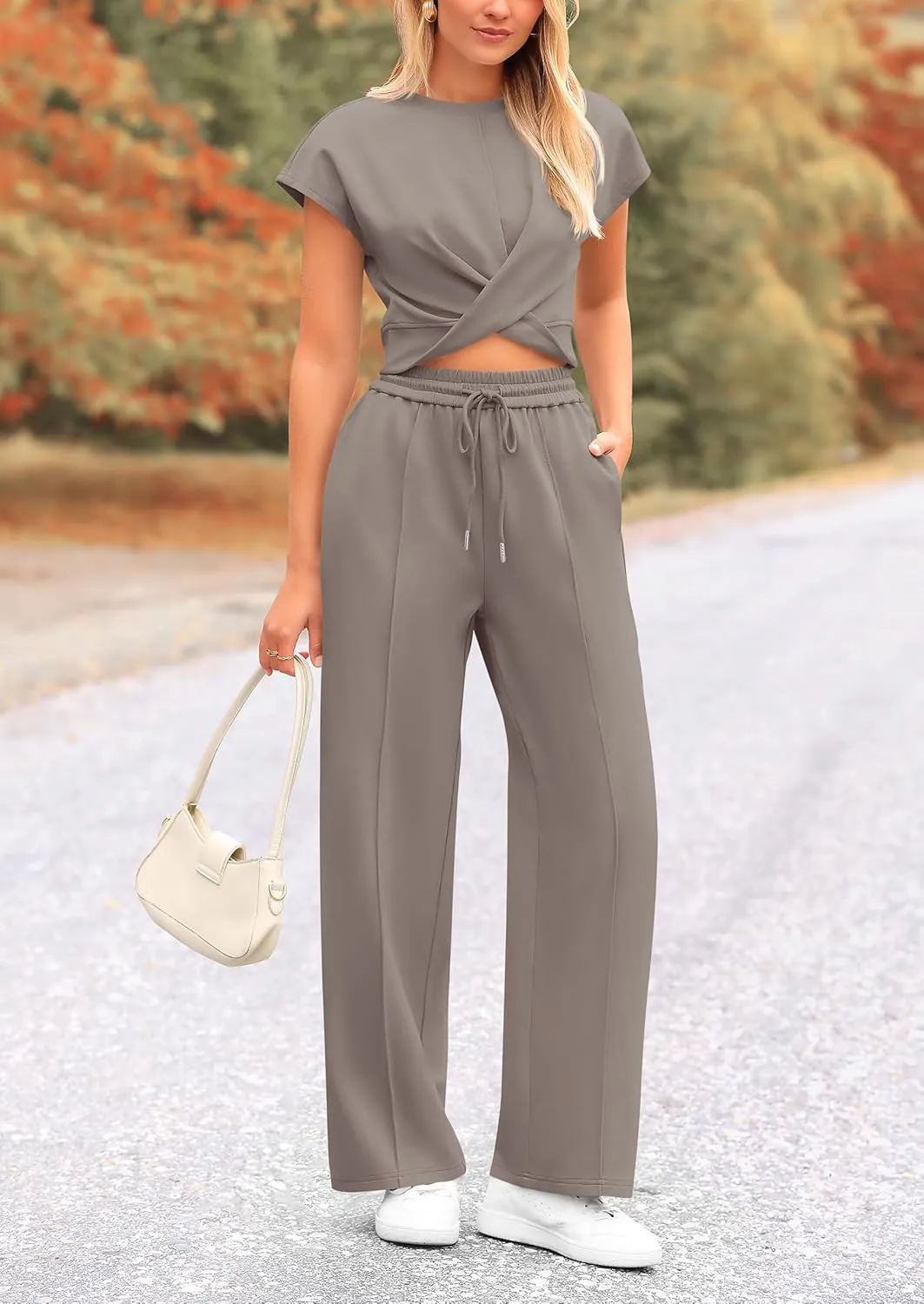 PRETTYGARDEN Women's Summer Two Piece Outfits Tracksuit Twist Front Crop Tops T Shirts Wide Leg Pants Matching Lounge Sets