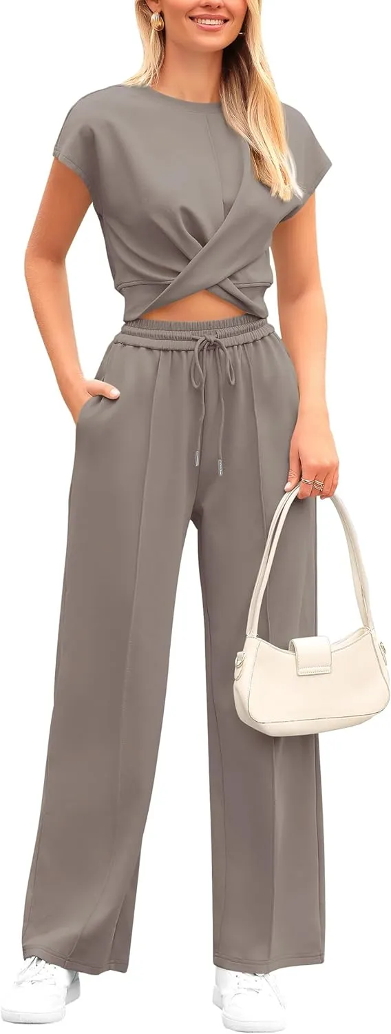 PRETTYGARDEN Women's Summer Two Piece Outfits Tracksuit Twist Front Crop Tops T Shirts Wide Leg Pants Matching Lounge Sets