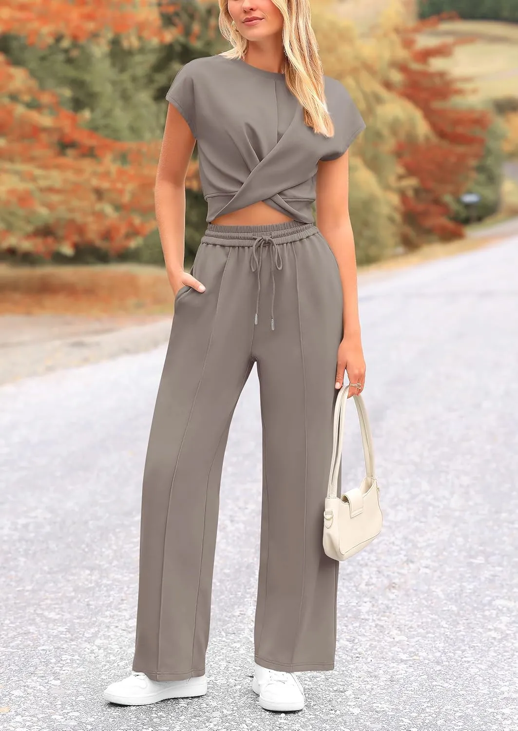 PRETTYGARDEN Women's Summer Two Piece Outfits Tracksuit Twist Front Crop Tops T Shirts Wide Leg Pants Matching Lounge Sets