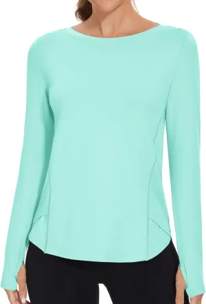 Rapbin Women's UPF 50  Sun Protection T-Shirts Long Sleeve Boat Neck Workout Lightweight Quick Dry Top with Thumb Hole