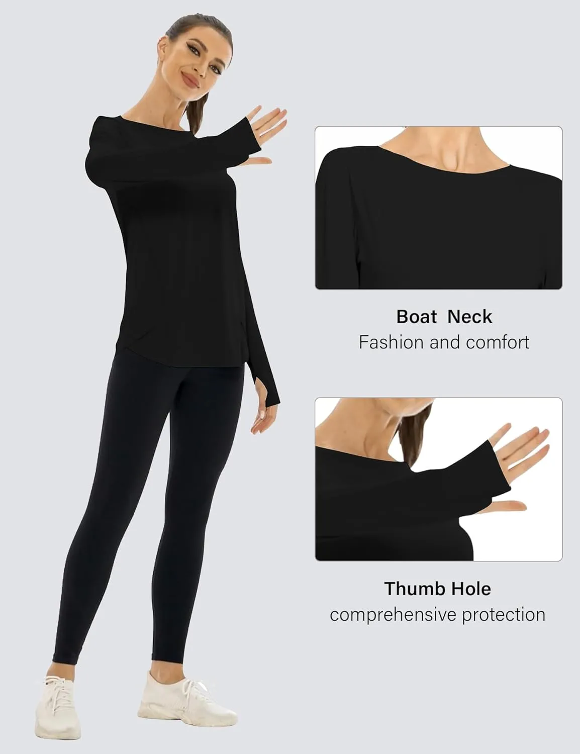 Rapbin Women's UPF 50  Sun Protection T-Shirts Long Sleeve Boat Neck Workout Lightweight Quick Dry Top with Thumb Hole
