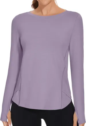 Rapbin Women's UPF 50  Sun Protection T-Shirts Long Sleeve Boat Neck Workout Lightweight Quick Dry Top with Thumb Hole