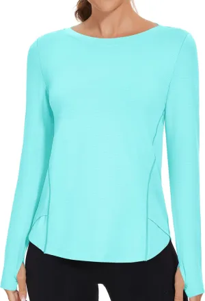 Rapbin Women's UPF 50  Sun Protection T-Shirts Long Sleeve Boat Neck Workout Lightweight Quick Dry Top with Thumb Hole