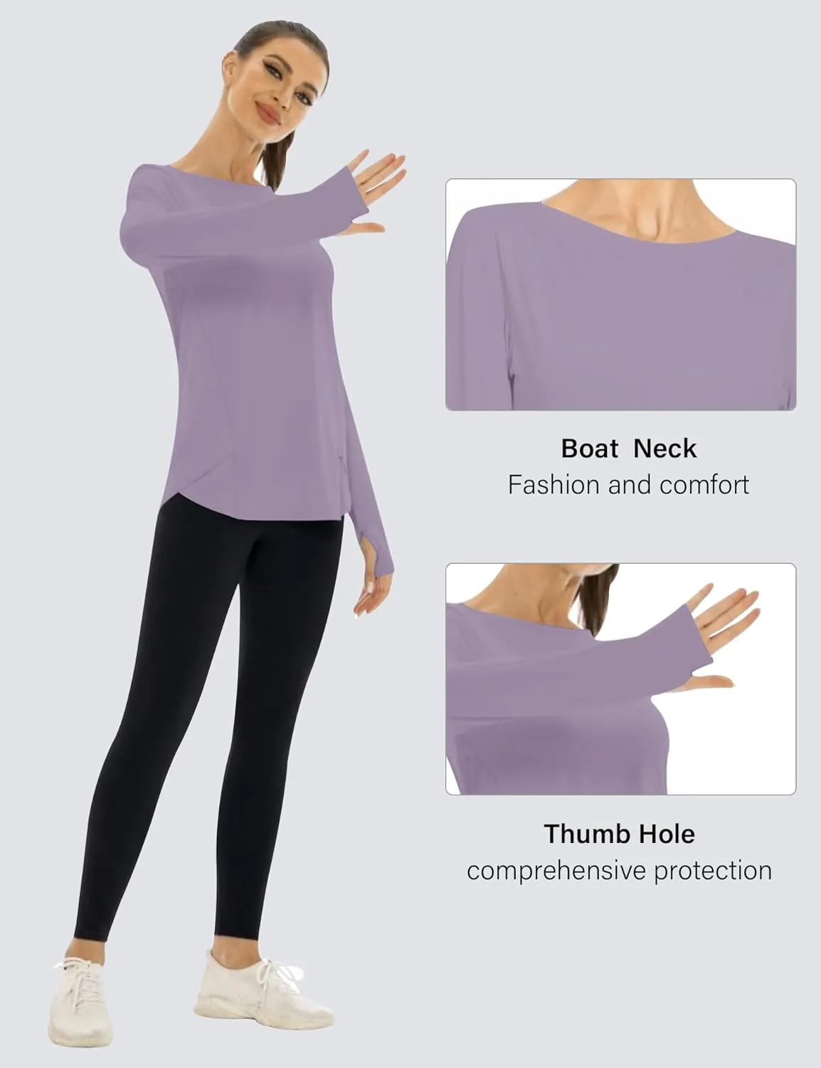 Rapbin Women's UPF 50  Sun Protection T-Shirts Long Sleeve Boat Neck Workout Lightweight Quick Dry Top with Thumb Hole