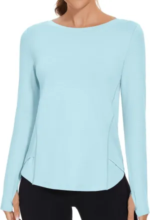Rapbin Women's UPF 50  Sun Protection T-Shirts Long Sleeve Boat Neck Workout Lightweight Quick Dry Top with Thumb Hole