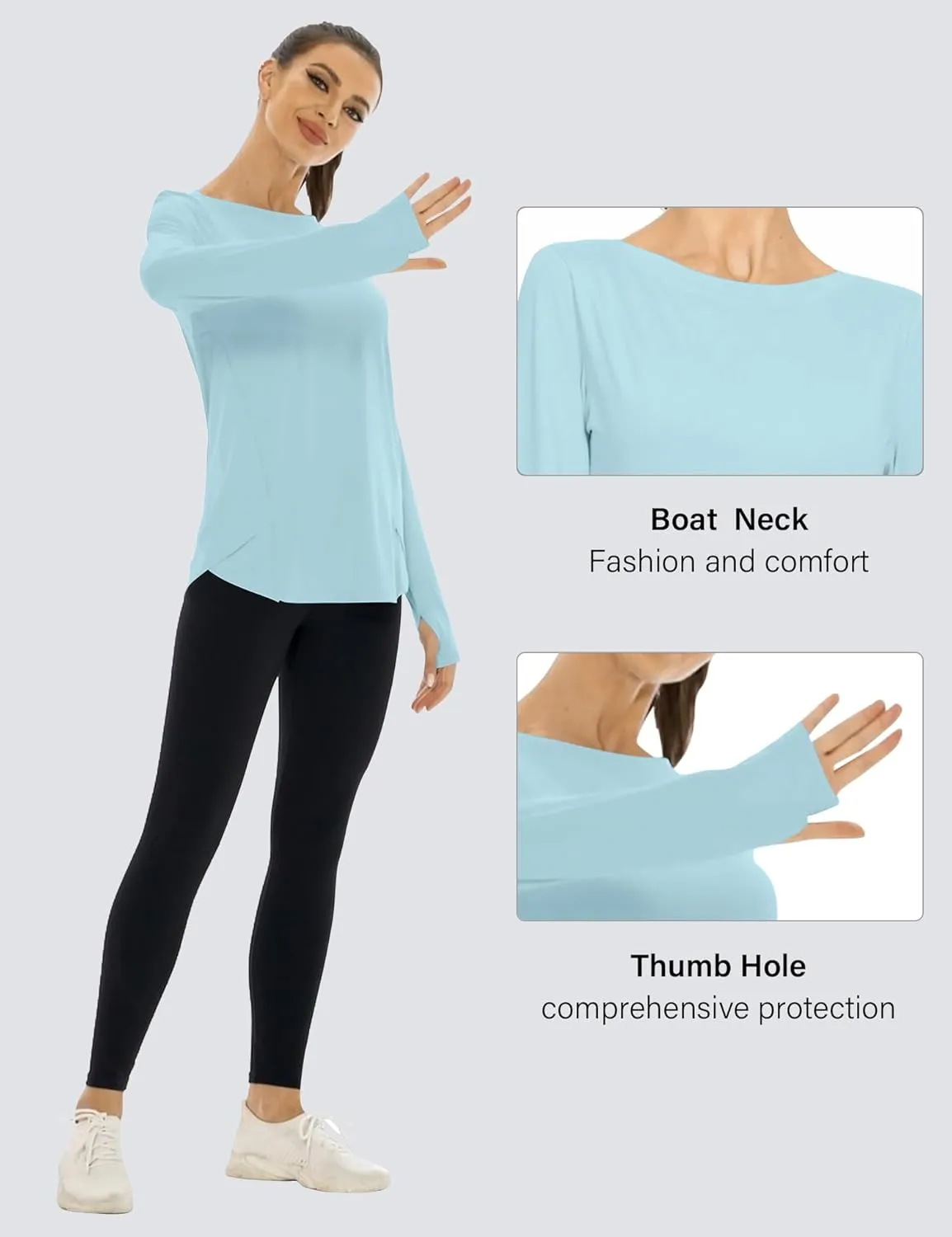 Rapbin Women's UPF 50  Sun Protection T-Shirts Long Sleeve Boat Neck Workout Lightweight Quick Dry Top with Thumb Hole