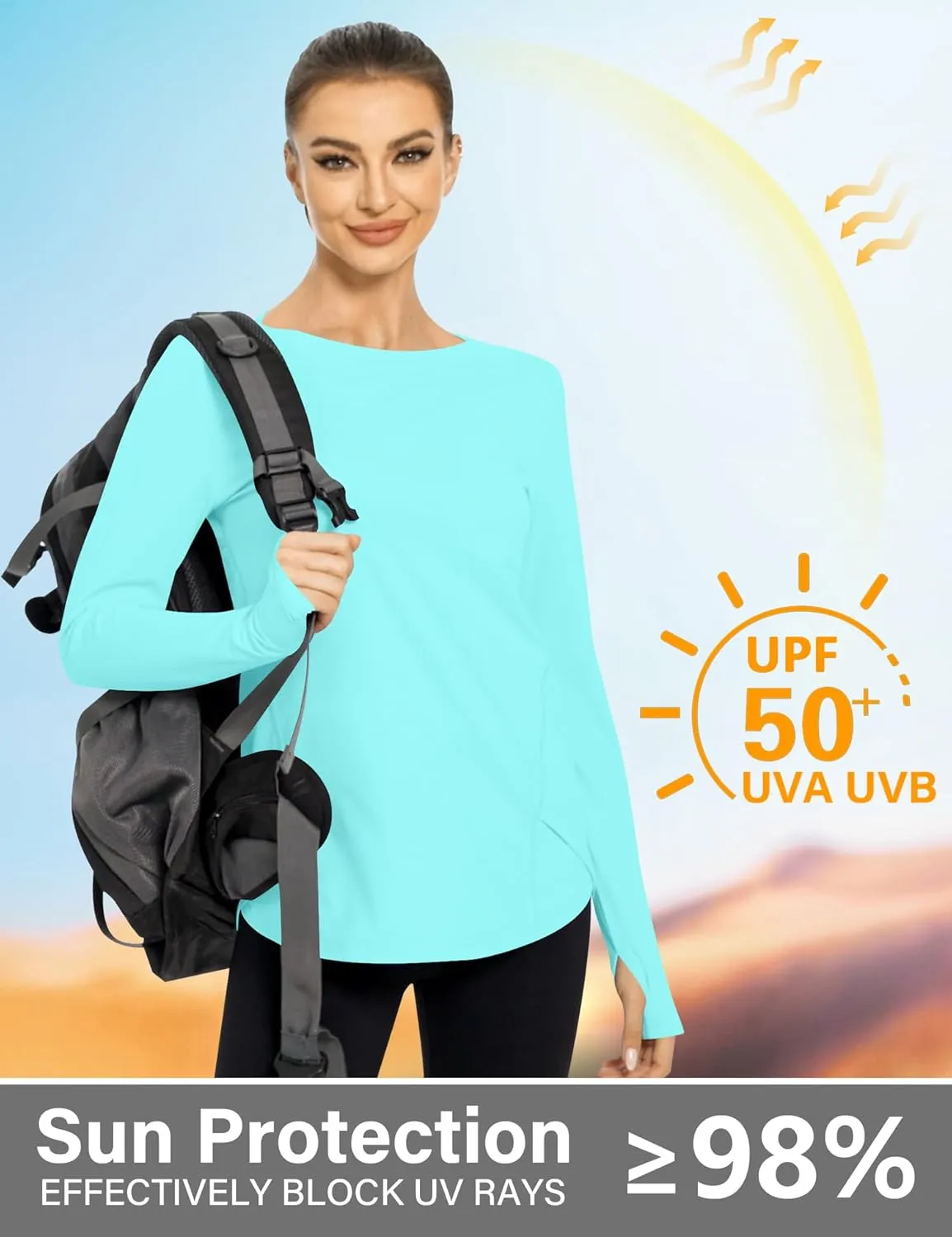 Rapbin Women's UPF 50  Sun Protection T-Shirts Long Sleeve Boat Neck Workout Lightweight Quick Dry Top with Thumb Hole