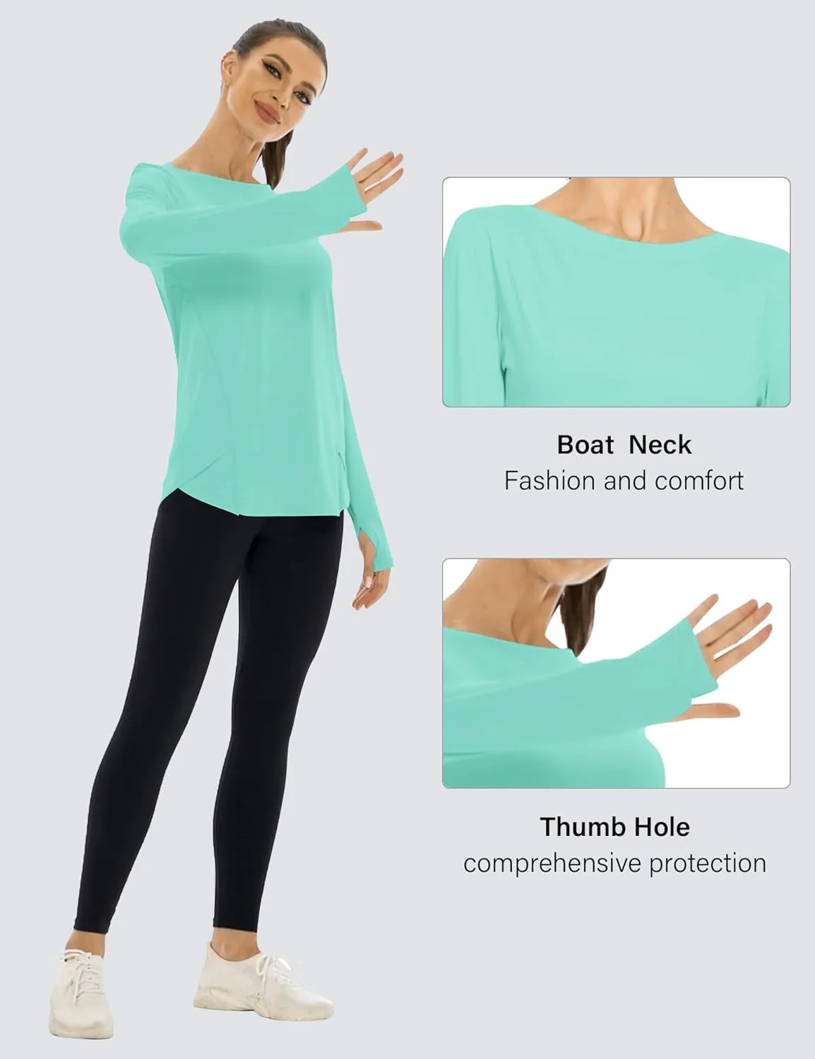 Rapbin Women's UPF 50  Sun Protection T-Shirts Long Sleeve Boat Neck Workout Lightweight Quick Dry Top with Thumb Hole